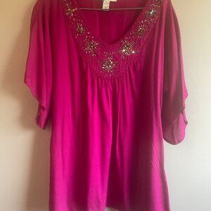 Style & Co Shocking Pink Baggy Blouse - Deep Neckline, Summer Top (S-M
